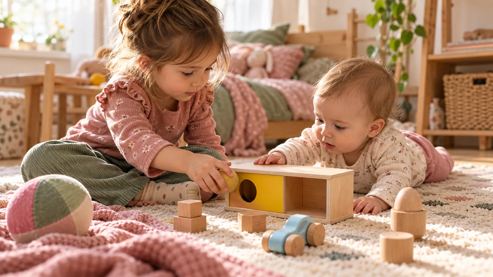Starije dete pokazuje bebi kako se koristi drvena igračka