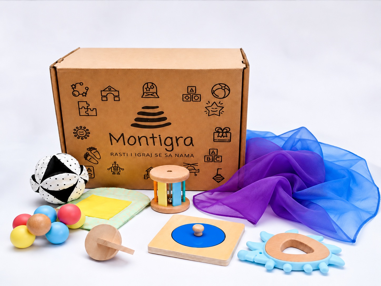 Montessori set Posmatrač za bebe 0-6 meseci sa šalom i igračkama